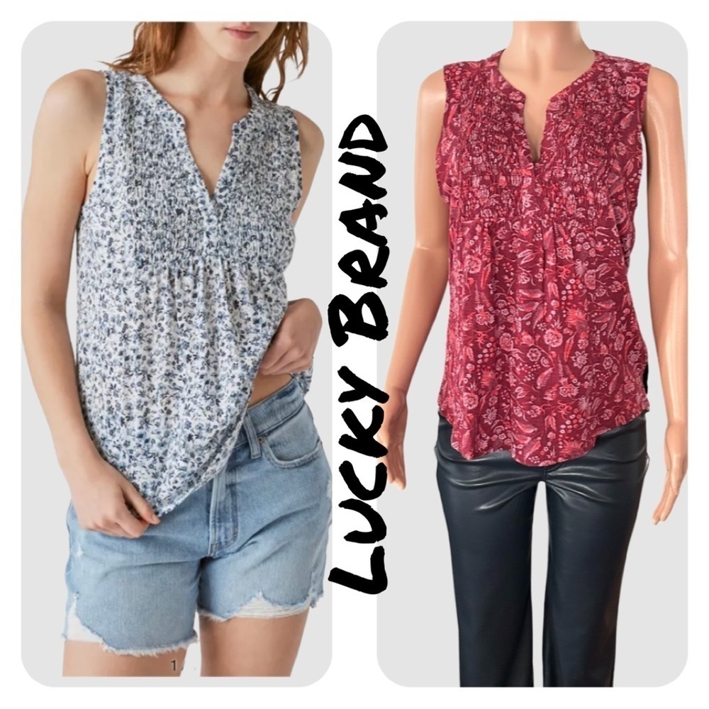 Lucky Brand Floral Split Neck Smocked Sleeveless Top Burgundy Multi Large